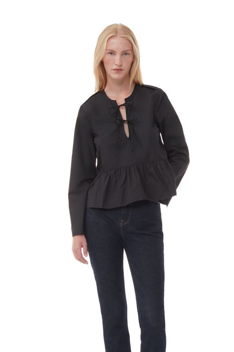 This Black Cotton Poplin Tie String Peplum Blouse is made from organic cotton. The blouse features an open round neckline with tie strings, long sleeves and an epaulette shoulder detail. Designed for a relaxed fit with a peplum silhouette. Jeans Boots, Peplum Blouse, Tshirt Skirt, Tie Blouse, Sneakers Outfit, Shirt Skirt, Clothing Dresses, Cotton Poplin, Black Blouse