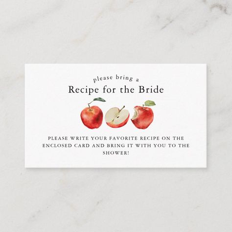 Rustic and sweet Apple theme bridal shower insert card featuring watercolor illustration of apples. The card asks guests to fill out the recipe card and bring it to the shower. Send this card along the matching recipe card in my store! Apple Bridal Shower Theme, Apple Shower Theme, Apple Bridal Shower Ideas, Bridal Shower Baking Theme, Bridal Shower Cooking Theme, Off The Market Bridal Shower Ideas, September Bridal Shower Ideas, Fall Themed Bridal Shower Ideas, Fall Bridal Shower Themes