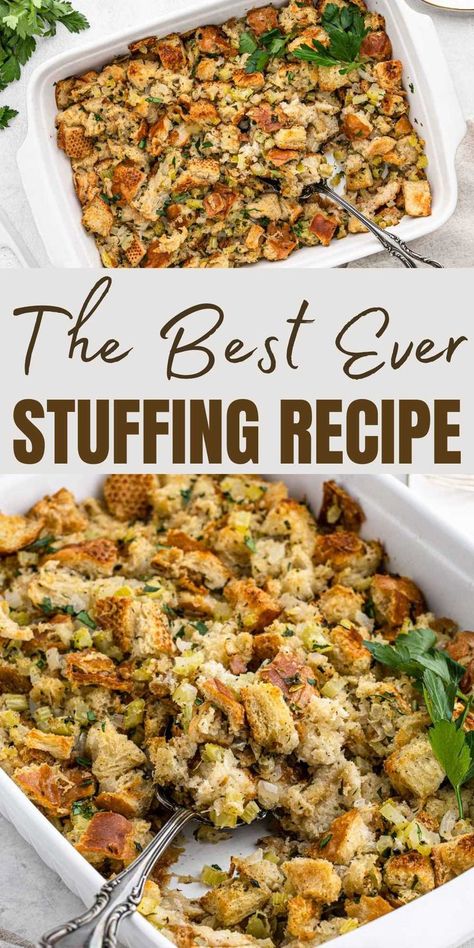 Learn how to make this Easy Stuffing Recipe and never buy the boxed stuff again. Homemade stuffing is much better and actually very simple. You will be amazed at how much flavor this stuffing has. This amazing side dish is a perfect addition to your Thanksgiving Dinner. #eatingonadime #easystuffing #thanksgivingrecipes Easy Stuffing Recipe Thanksgiving, Traditional Thanksgiving Stuffing Recipe, Traditional Stuffing Recipe, Homemade Stuffing Recipes, Best Stuffing Recipe, Easy Stuffing Recipe, Turkey Stuffing Recipes, Thanksgiving Stuffing Recipes, Homemade Stuffing