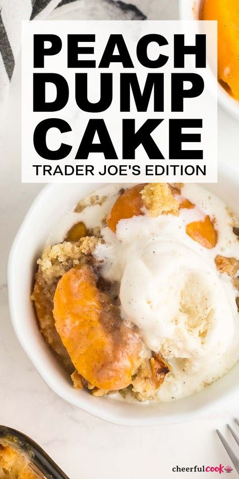 peach dump cake in a white bowl topped with ice cream Peach Cobbler Dessert, Dessert Peaches, Cake Mix Peach Cobbler, Peach Cobbler Cake, Vanilla Dessert, Cake Mix Cobbler, Peach Cobbler Dump Cake, Fresh Peach Recipes, Fresh Peach Cobbler