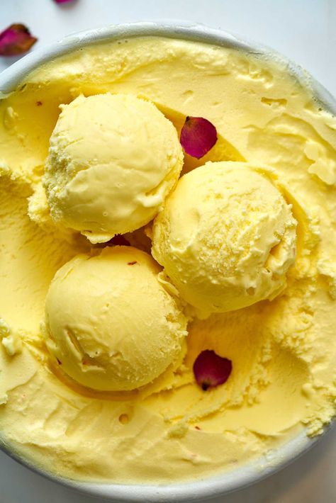 Persian ice cream, bastani, is saffron and rose flavored heaven. This recipe has the perfect balance of saffron and rose. #persian #icecream #saffron #rose Persian Ice Cream, Persian Desserts, Rose Ice Cream, Saffron Recipes, Sorbet Ice Cream, Entertaining Food, Gelato Recipe, Rose Flavored, Homemade Ice Cream Recipes