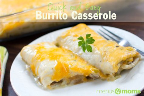 Burrito Casserole - Looking for a quick and easy dinner? Take advantage of prepared foods to shorten your prep time in the evening. Burrito casserole cuts prep time by using frozen burritos. Frozen Burrito Casserole, Burrito Casserole Recipe, Creamy Burrito Casserole, Frozen Burritos, Burrito Casserole, Cooking Green Beans, One Pot Dinners, Cream Of Mushroom Soup, Cream Of Mushroom