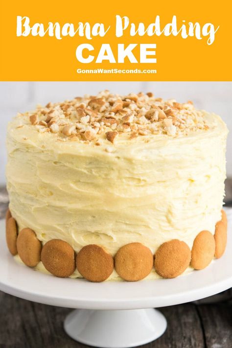 *NEW* Banana Pudding Cake features moist banana cake layered with vanilla filling, bananas, and vanilla wafers. It's all topped with vanilla pudding frosting! #BananaPuddingCake #BananaCake #PuddingCake Vanilla Pudding Frosting, Cream Cheese Pudding, Puding Pisang, Moist Banana Cake, Pudding Frosting, Cheese Pudding, Banana Pudding Cake, Homemade Banana Pudding, Banana Pudding Cheesecake