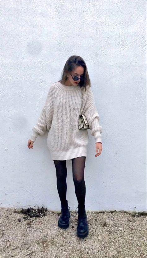 Jumper Dress With Tights, Jumper Dress And Boots Outfit, Sweater Dress And Tights Outfit, Cream Jumper Dress Outfit, Winter Dress With Tights, Dress With Sweater Over It, Short Dress With Tights, Body Con Dress Outfit Casual, Paris Outfits Winter