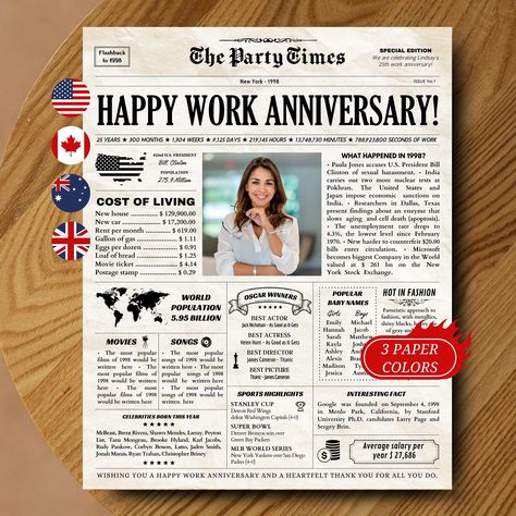 30th Work Anniversary Ideas, 25 Years Work Anniversary, 25th Work Anniversary Ideas, 25 Year Work Anniversary, 20 Year Work Anniversary, Anniversary Newspaper, Employee Recognition Gifts, Work Anniversary Gifts, Gift For Employees