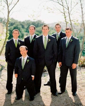 These guys are sporting green ties in different patterns and thistle-and-olive branch boutonnieres to accent their suits Green Ties, Intimate Outdoor Wedding, Ballroom Reception, Martha Stewart Weddings, Green Tie, Black Suit, Black Suits, Martha Stewart, Ballroom