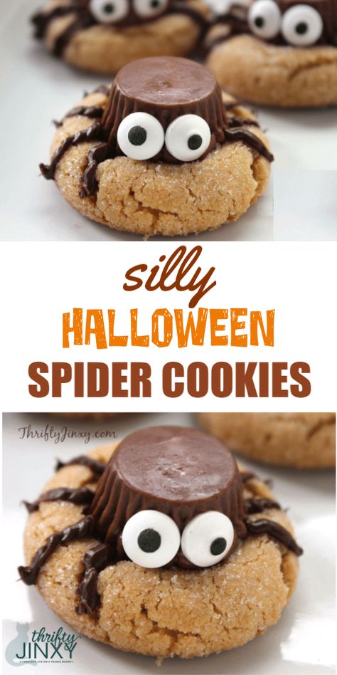 Spider Cookies Halloween, Reese's Cookies, Halloween Spider Cookies, Peanut Butter Spider Cookies, Easy Halloween Cookies Recipes, Halloween Cookie Recipes, Spider Cookies, Halloween Food Desserts, Halloween Fruit