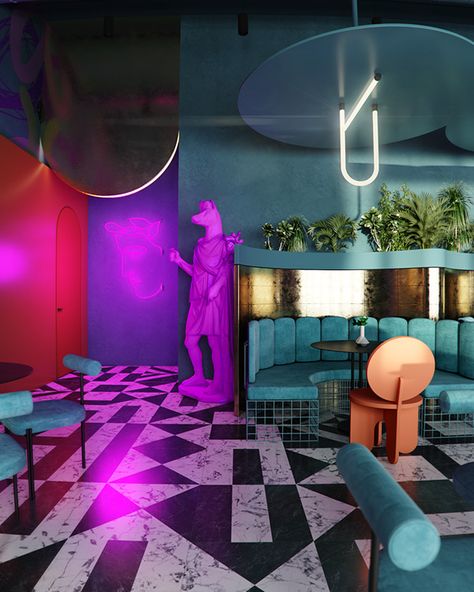 Cyberpunk Interior Design, Cyberpunk Interior, Moxy Hotel, Miami Apartment, Restaurant Identity, Nightclub Design, Hotel Inspiration, Salou, Restaurant Interior Design