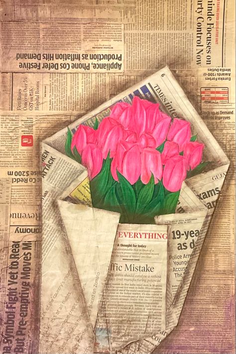 Style: Newspaper painting 📰; Painted by: BRS_367 👩🏻‍🎨🎨 Newspaper Painting Ideas, Painting On Newspaper Ideas, Painting On Newspaper, Newspaper Painting, Newspaper Background, Tulips Bouquet, Bouquet Painting, Paint Inspo, Painting Competition