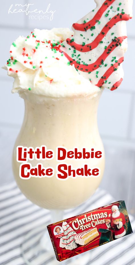 Little Debbie Cake Shake Little Debbie Christmas Tree Recipes, Christmas Tree Cakes Ideas, Christmas Tree Milkshake, Christmas Tree Cake Dessert Ideas, Christmas Milkshakes For Kids, Little Debbie Christmas Tree Cake Trifle, Little Debbie Cheesecake, Christmas Shakes, Cake Shake Recipe