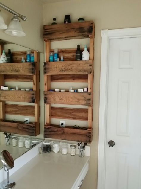 Pallet Shelves Bathroom, Pallet Bathroom Storage, Rustic Bathroom Organization, Bathroom Diy Storage Ideas, Pallet Storage Cabinet, Bathroo. Storage, Pallet Bathroom Cabinet, Small Bathroom Remodel With Storage, Rustic Bathroom Storage Ideas