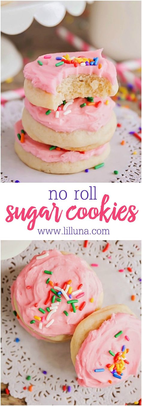 Super easy and delicious NO ROLL Sugar Cookies with a delicious frosting. No rolling pin needed for these - just drop and bake! No Roll Sugar Cookies, Drop Sugar Cookie Recipe, Cookies Recipes Easy, Rolled Sugar Cookie Recipe, Drop Sugar Cookies, Rolled Sugar Cookies, Chewy Sugar Cookies, Sugar Cookie Recipe, Sugar Cookie Frosting