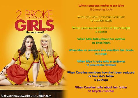 2 Broke Girls…the workout! Want to see more workouts like... Tv Workout Challenge, Workout While Watching Tv, Disney Movie Workouts, Workouts Photo, Workout Challange, Show Workouts, Tv Show Workouts, Tv Workout, Movie Workouts