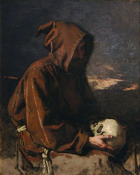 Monk contemplating a skull - Thomas Couture Thomas Couture, Rennaissance Art, Skull Island, Baroque Art, San Francesco, Biblical Art, Classic Paintings, Historical Art, Old Paintings