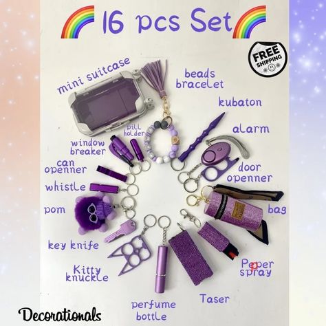 💜 Empower Yourself with Our 16-Piece All Purple Mini Suitcase Safety Keychain Set! 💪 Stay safe and stylish with our ultimate self-defense keychain set, designed specifically for women! 💁‍♀️ This 16-piece set includes: Mini suitcase keychain Sparkling heart charm Taser Bracelet Love Pompom charm Self-defense stick Whistle Window breaker Pepper spray Cat finger charm Door opener Alarm Perfume bottle charm Bottle opener Key knife Lipstick bag charm FREE SHIPPING for a limited time! 🚚 Don't mi... Knife Lipstick, Suitcase Keychain, Bachelorette Slumber Parties, Diy Merch, Key Knife, Safety Gadgets, Diy Safety, Safety Keychain, Small Business Marketing Plan