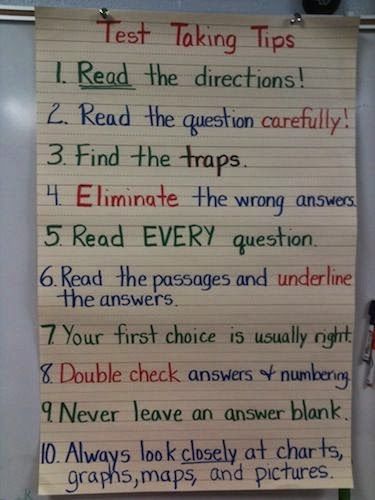 An anchor chart that features test taking tips! Test Taking Tips, Test Prep Strategies, Testing Motivation, Test Taking Strategies, Education Tips, Classroom Anchor Charts, School Testing, Testing Strategies, State Testing