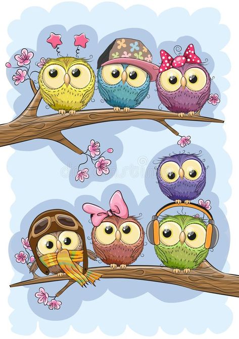 Cute Owls is sitting on a branches. Seven Cute Owls is sitting on a branches royalty free illustration Owl Clip Art, Cute Owls, Diy Graduation Cap, Branch Vector, Owl Wallpaper, Baby Wallpaper, Owl Cartoon, Happy Paintings, Owl Art