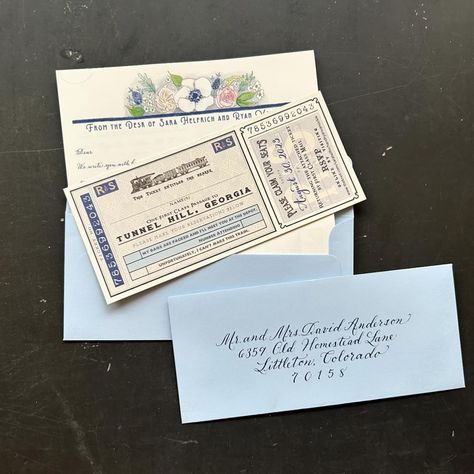 Sara and Ryan had me design a completely custom letterhead to send out a Love Letter wedding invitation with train tickets rsvp. I loved making the custom pattern for the ticket and the floral letterhead! #weddinginvitations #weddinginvitation #weddinginvites #weddingstationery #stationery #watercolormap #weddingmap #calligraphyinvitation #calligraphy #calligrapher #pointedpen #handmadeinvitations #custominvitations #trainticket #trainticketweddinginvitation #ticketinvitation #weddinginspir... Letter Wedding Invitation, Love Letter Wedding, Handmade Invitations, Invitation Calligraphy, Me Design, Ticket Invitation, Wedding Map, Train Tickets, A Love Letter