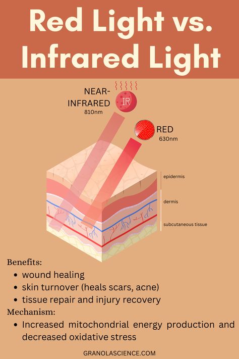 What is the difference between red light therapy and infrared light therapy? They penetrate your tissue to a different depth, but both have similar benefits! They can improve skin appearance, reduce acne, help with wound healing, and reduce inflammation. Learn the science behind red light and infrared light over at Granola Science, a holistic nutrition and health resource Infrared Light Therapy Benefits Of, Infrared Therapy, Infrared Light, Diy Red Light Therapy, Red Light Therapy Benefits, Sensitive Acne Prone Skin, Lip Care Tips, Subcutaneous Tissue, Healthy Lifestyle Quotes