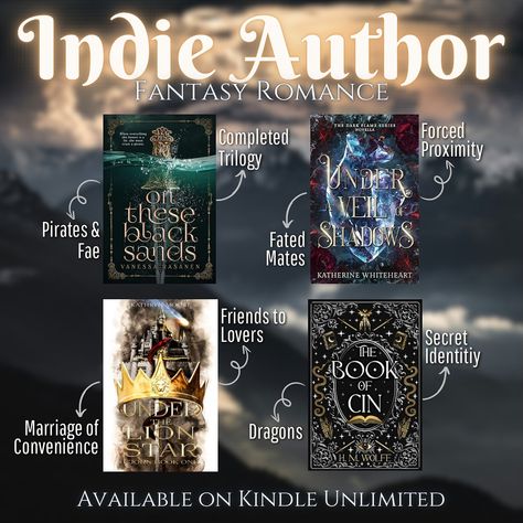 Some more fantasy romance by indie authors! On These Black Sands by @vanessarasanenauthor Under a Veil of Shadows by @ka.whiteheart Under the Lion Star by @k.moore.author The Book of Cin by @hm.wolfe All of these books are available on Kindle Unlimited! #bookrecommendations #fantasyromance #indieauthor #kindleunlimited #romancereader Lion Dragon, Lion Star, Book Recs, Romance Readers, Indie Author, Fantasy Romance, Kindle Unlimited, The Lion, Book Recommendations