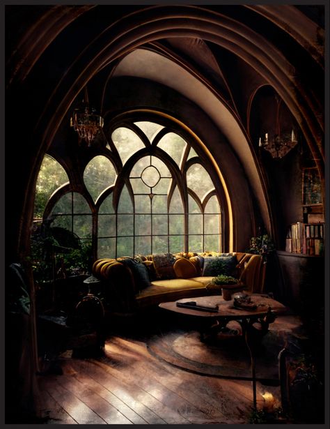 living room with art nouveau arch window, yellow sofa with green pillows, plant, cozy living space, witchy, academia, dark amber, misty, interior design, large windows Green Witch Apartment Aesthetic, Dark Academia Cottagecore House Exterior, Art Nouveau Dark Academia, Green Academia House, Dark Art Nouveau Interior Design, Dark Academia Front Porch, Dark Academia Aesthetic House Interior, Green Academia Living Room, Witchy House Aesthetic Living Room