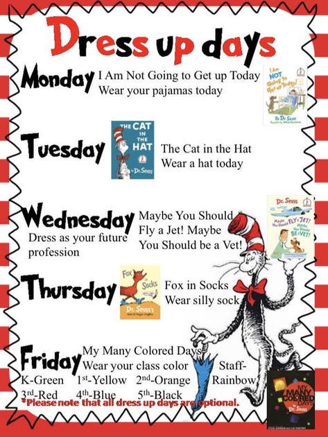 Dr Seuss Week Dress Up Days, Dr Seuss Week 2023, Dr Suess Spirit Week Ideas, Dr Seuss Spirit Week Ideas, Reading Week Ideas Elementary, Dr Susse Week, Dr Seuss Week Ideas, Dr Seuss Week Ideas Dress Up, Dr. Seuss Week