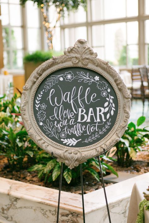 Waffle Bar Wedding Receptions, Waffle Wedding Bar, Bridal Shower Waffle Bar, Waffle Bar Bridal Shower Ideas, Waffle Bar Wedding, Breakfast Bar Wedding, Morning Wedding Ideas, Waffle Bar Sign, Breakfast Wedding Reception