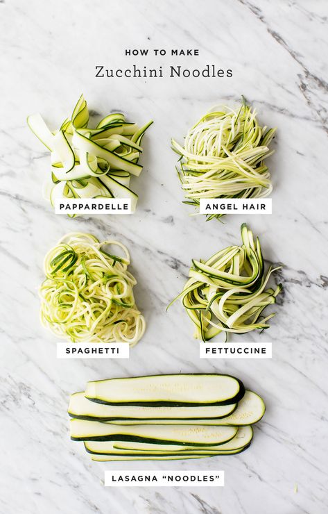 Learn how to make zucchini noodles in 5 fun shapes! They're easy to make, healthy, and naturally gluten-free. A great way to lighten up pasta salad, lasagna, spaghetti, and more! | Love and Lemons #vegan #zucchini #glutenfree #healthyrecipes Cooking Zoodles, Cook Zucchini Noodles, Pasta Substitute, Zucchini Noodle Recipes, How To Cook Zucchini, Pasta Alternative, Zucchini Soup, Veggie Noodles, Spiralizer Recipes