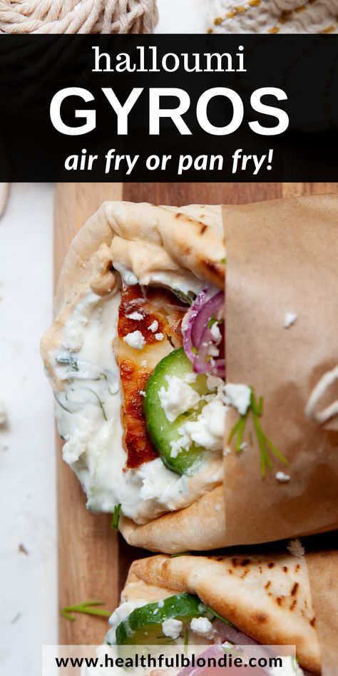 healthy Greek halloumi cheese gyros with hummus and tzatziki. you can air fry or pan fry halloumi Halloumi Gyros Recipe, Greek Halloumi Recipes, Halloumi Shawarma, Halloumi Pita, Halloumi Gyros, Hummus And Cucumber, Valencia Diet, Crispy Halloumi, Greek Night