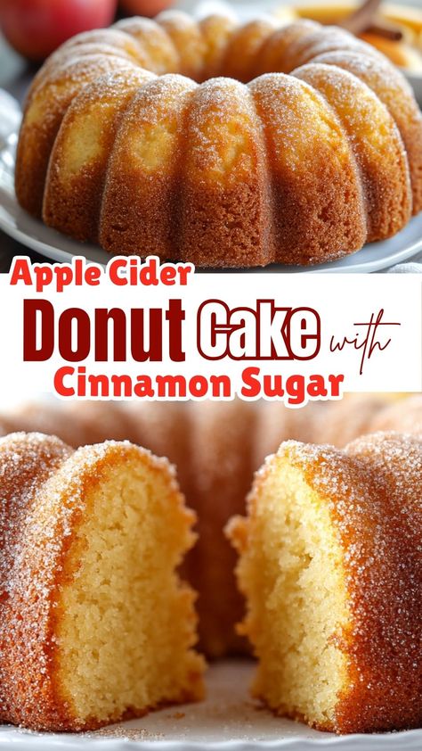 Apple Cider Donut Cake with Cinnamon Sugar Apple Cider Donought Cake, Apple Cider Donut Pound Cake, Apple Cider Spice Cake, Apple Cider Cake Donuts Recipe, Apple Cider Cake Recipe Easy, Apple Cider Baking Recipes, Apple Cider Cake Recipe, Baked Apple Cider Donuts Recipe, Apple Cider Donut Cake Recipe