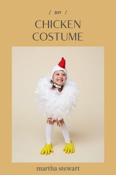 Why did the chicken cross the road? To go trick-or-treating of course. This funny costume is made from two tickly feather boas ordinary kitchen gloves tights and a pilot's cap that's crowned with a felt comb. Under the plumage two leotards are stuffed with batting for extra plumpness. #marthastewart #diyideas #crafts Farm Animals Halloween Costumes, Chicken Costume Diy, Chicken Costume Kids, Animal Costumes Diy, Best Toddler Halloween Costumes, Baby Chicken Costume, Farm Costumes, Farm Animal Costumes, Animal Costumes For Kids