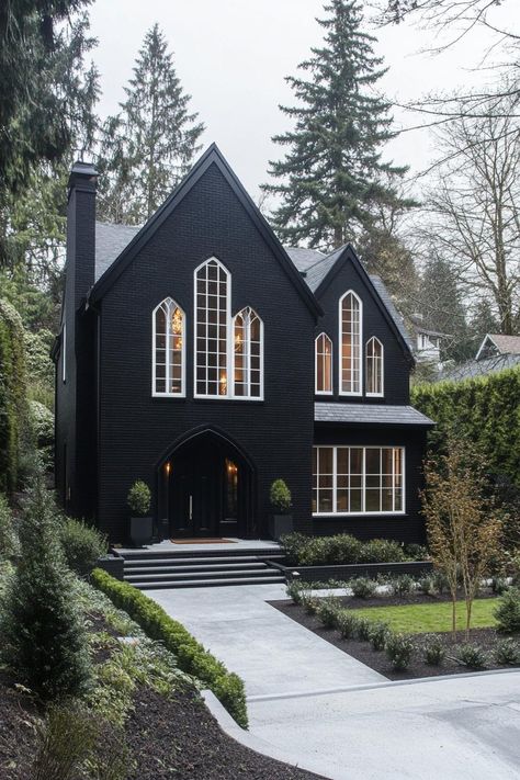 30 American Gothic Style Houses That Capture Historic Charm Gothic Interior Architecture, Gothic A Frame House, Gothic Ranch House, Gothic Farmhouse Exterior, Goth Tiny House, Small Gothic House, Gothic Style House, Gothic Cabin, Modern Gothic House