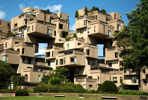 MONTREAL – Surrounded by river and silhouetted against a blue sky, the futuristic stacked concrete cubes of Montreal's Habitat 67 jut out of the landscape like a child's building-block project brought to life. More than 50 years after Israeli-Canadian architect Moshe Safdie built the 12-storey, 354-cube residential housing complex for the Expo 67 World's Fair, it remains one of the city's most recognizable, and divisive landmarks. While some have criticized the brutalist concrete architecture an Habitat 67, Cubes Architecture, Moshe Safdie, Hohenzollern Castle, Expo 67, Brutalism Architecture, Brutalist Buildings, Dome House, Social Housing