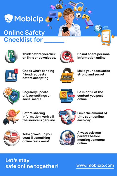 Check out our child safety checklist for online browsing. Download and print it to keep the checklist handy on your fridge or wall. Protect your little ones while they browse online! #OnlineSafety #ChildProtection https://www.mobicip.com Online Safety For Kids, Poster About Online Safety And Security, Child Safety Childproofing, Safety Checklist, Online Safety, Child Safety