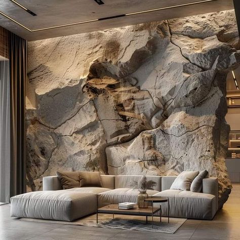 Rock Wall In Living Room, Rock Tile, Artificial Rocks, Stone Walls Interior, Cozy Living Room Ideas, Stone Tile Wall, Earthy Home, Unusual Homes, Rock Wall