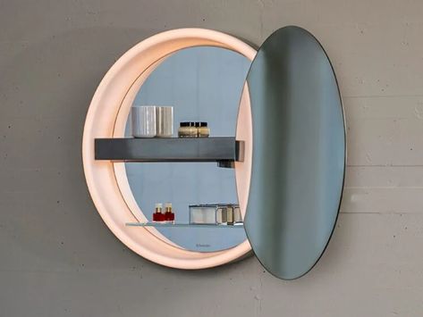 Round bathroom mirror with shelf LUNE D2W by Schneider Round Bathroom Mirror, Bathroom Mirror With Shelf, Hidden Shelf, Round Bathroom, Sophisticated Bathroom, Tv Wand, Illuminated Mirrors, Mirror With Shelf, Bad Design