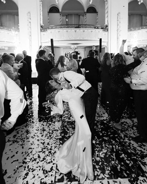 A Midnight Kiss at a Boston New Year’s Eve Wedding✨ Alie and Zach’s winter wedding theme of elegant, moody, classic glam was beautifully brought to life by @bameventsbos. The sophisticated color palette, enriched with gold accents and abundant candlelight, perfectly matched their vision. The photos by @cityluxstudios not only captured the couple’s happiness and the venue’s grandeur but also added a timeless elegance with black-and-white images that embodied the glam of their New Year’s Eve c... Classic Black And White Wedding Party, Black Tie New Years Eve Wedding, Wedding New Years Eve, New Year’s Eve Elopement, Black Tie Wedding Winter, Winter Wedding Classy, Nye Wedding Aesthetic, New Years Wedding Ideas, New Year’s Eve Wedding