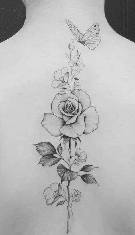 Rose And Butterfly Tattoo, Floral Back Tattoos, Spinal Tattoo, Flower Spine Tattoos, Tato Minimal, Rose Tattoos For Women, Tattoos For Women Flowers, Spine Tattoos For Women, Floral Tattoo Design