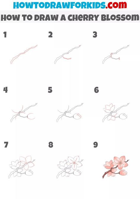 How to Draw a Cherry Blossom - Easy Drawing Tutorial For Kids How To Draw A Blossom Tree, Easy To Draw Cherry Blossom, How To Draw Blossom, Sakura Flower Drawing Easy, Cherry Tree Drawing Easy, Sakura Tree Drawing Easy, Draw Sakura Flower, How To Draw A Japanese Cherry Blossom, Sakura Drawing Easy