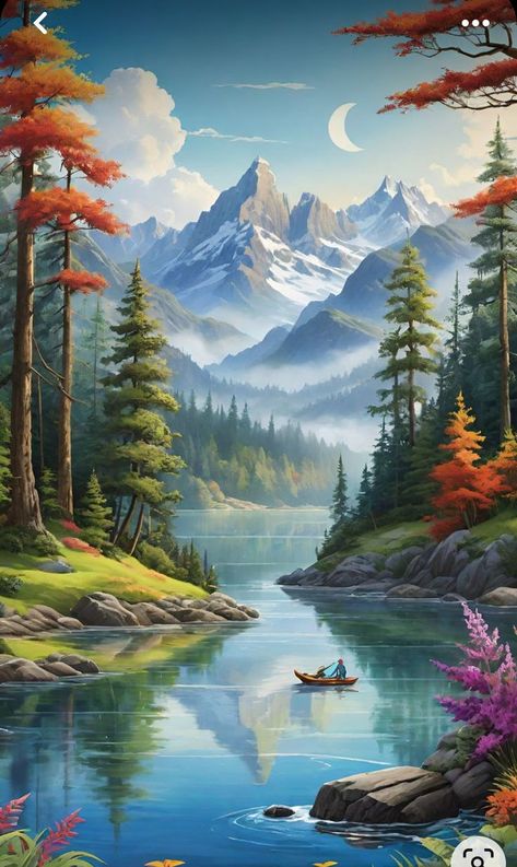 Colors In Nature, Beautiful Landscape Paintings, Tree Watercolor Painting, Mountain Landscape Painting, Serene Nature, Colors Of Nature, Waterfall Landscape, Scenic Wallpaper, Spiritual Artwork