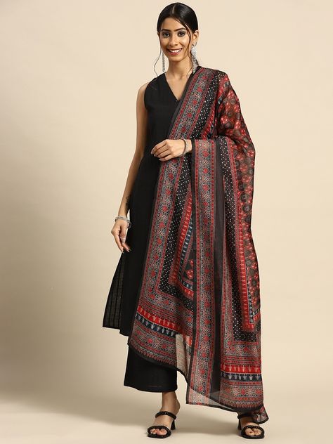 Buy Anayna Women Black Ethnic Motifs Pure Cotton Kurta With Palazzos & Dupatta - Kurta Sets for Women 17351572 | Myntra Indian Dress For Women, Party Wear Dresses Indian, Sleeveless Kurta, Indian Dresses For Women, Stylish Kurtis Design, Lehenga Designs Simple, Ethnic Motifs, Indian Wedding Wear, Designer Kurtis