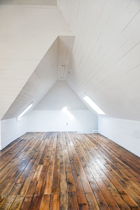 Project Attic Update | B Vintage Style Shiplap Attic, Finish An Attic, How To Finish An Attic, Attic Family Room, Finished Attic, Attic Space, European Farmhouse, White Shiplap, Attic Spaces