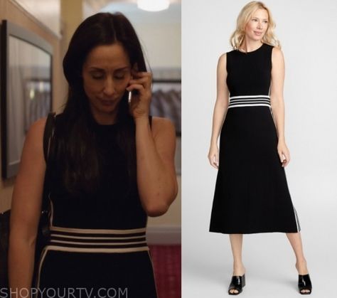 Workin Moms Season 3 Fashion, Clothes, Style and Wardrobe worn on TV Shows | Shop Your TV Kate Foster Working Moms, Mom Tv Show, Working Mom Outfits, Worn On Tv, Moms Fashion, Where To Buy Clothes, Black Striped Dress, Blue Plaid Shirt, Summer Chic