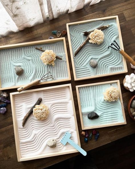 Table Top Zen Garden Ideas, Zen Crafts, Gardens With Rocks, Mini Zen Garden Ideas, Zen Garden Mini, Sand Zen Garden, Tabletop Zen Garden, Zen Garden Sand, Sand Tray Therapy