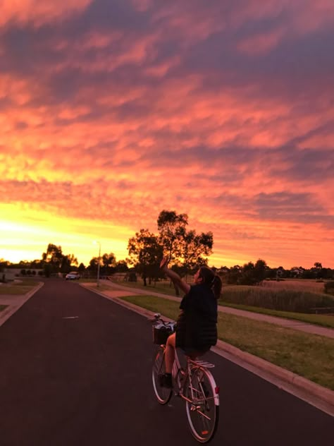 #sunrise #bike #vibes Sunrise Bike Ride Aesthetic, Bike Rides At Night Aesthetic, Sunset Bike Ride Aesthetic, Along For The Ride Aesthetic, Biking Aesthetic Summer, Riding Bikes Aesthetic, Bike Rides Aesthetics, Aesthetic Bike Pictures, Summer Bike Ride Aesthetic