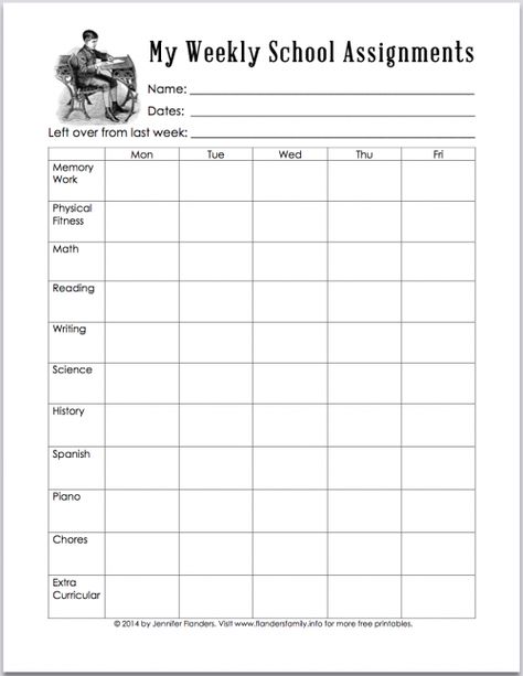 free printable weekly planner for school assignments (great for homeschoolers!) | www.flandersfamily.info Homeschool Student Planner Printable, Weekly Planner For School, Weekly Assignment Planner, Assignment Template, Planner For School, School Planner Template, Homeschool Highschool, School Agenda, Homework Ideas