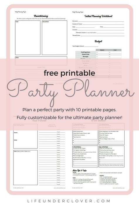 free printable Party Planner worksheets, plan the perfect party, 10 printable pages, http://www.lifeunderclover.com Party Planner Template Free, Party Planning Sheet, Party Budget Worksheet, Birthday Party Budget Worksheet, Event Planning Template Free Printable, Birthday Party Planning Checklist Free Printable, Party Planning Template Free Printable, Party Planning Budget Template, Party Planning Checklist Organizing