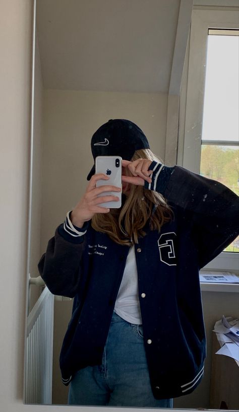 Aelfriceden Varsity Jacket streetwear Dark blue Womens Letterman Jacket, Veracity Jacket Outfit, Navy Varsity Jacket Outfit, Blue Jacket Outfits Aesthetic, Varsity Jacket Outfit Blue, Navy Blue Varsity Jacket Outfit, Varsity Jackets Aesthetic, College Jacket Aesthetic, Blue Suede Jacket Outfit