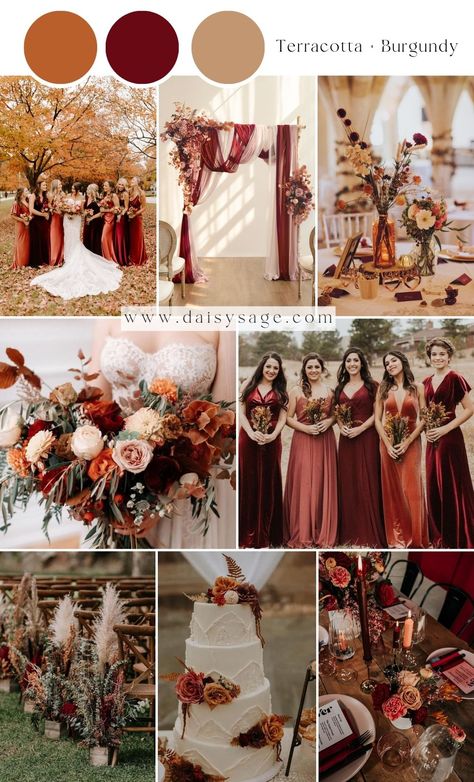 12 Best Terracotta Wedding Color Theme Ideas 2024 - Daisy Sage Fall November Wedding, Fall Burgundy Floral Arrangements, Vineyard Wedding Color Scheme, Nasa Wedding, Terracotta And Burgundy, Fall Color Palette Wedding, Wedding Schemes, September Wedding Colors, Burgundy Wedding Theme