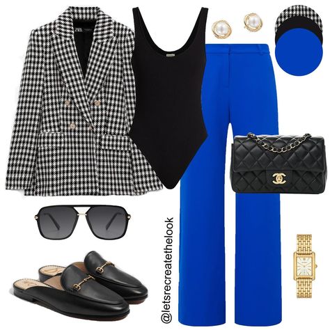 Black/White Houndstooth and Blue - 10 Outfit Ideas 🖤🤍💙 Mixing and matching to maximize my wardrobe, it’s what I do. Here are 10 outfits I will be recreating with items I already have in my closet. Whether for a meeting at my kids school or having lunch with a friend and for my work babes, these looks are great for everyday styling. Just note I’m not much of a heels girl anymore, but if you are, you can easily swap them in and the looks will still work. 😉 Save this post for style inspiration ... Black Blue And White Outfits, Styling Royal Blue Pants, Royal Blue Work Outfit, How To Style A Blazer For Work, How To Combine Colors Clothes, Blue Black White Outfit, Royal Blue And Black Outfit, Cobalt Pants Outfit, Royal Blue Pants Outfit Work